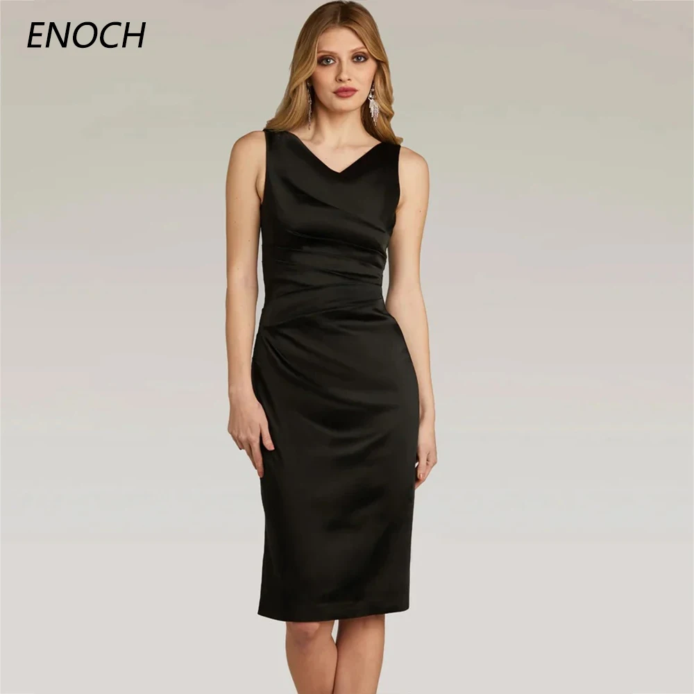 ENOCH Simple Sheath Evening Dresses V-Neck Sleeveless Backless Zipper Prom Formal Gown Pleat Knee Length Vestidos De Gala New