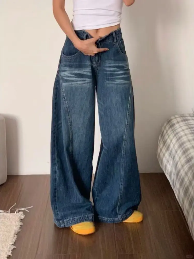 

Retro American Washed Wide Leg Jeans Women Loose Slim Straight Cotton Polyester Blend High Waist Denim Pants for Pear Shaped ...