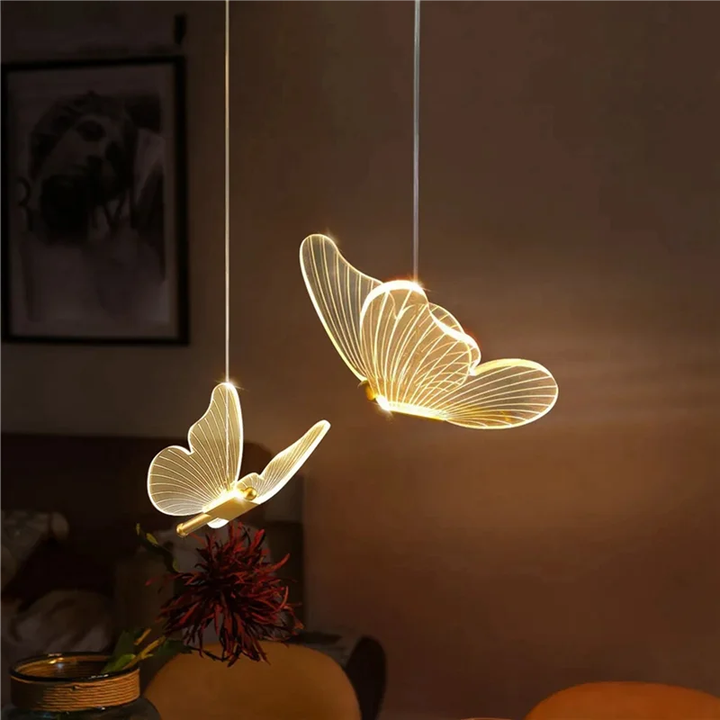HHTL 2X Butterfly LED Pendant Lights Nordic Golden Bedside Chandelier Lighting For Living Room Bedroom Bedside Lamp B