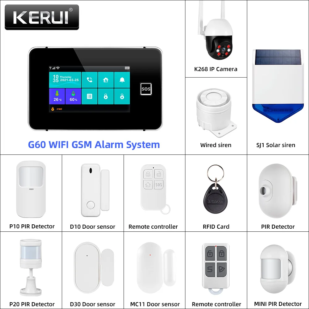 KERUI G60B Tuya Alarm Panel Temperature and Humidity WIFI GSM Alarm System for Home Security DIY Alarm Kit with Motion Sensors