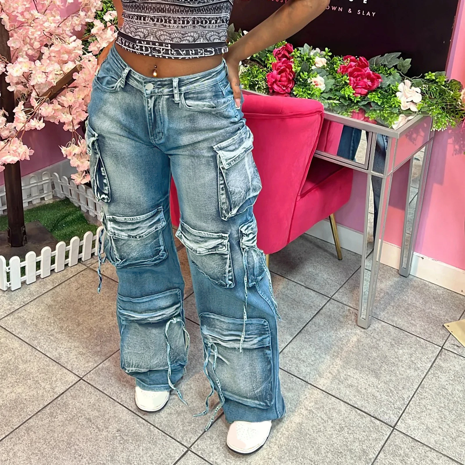 Calça jeans cargo feminina retrô, cintura média, com vários bolsos, calça comprida casual para escritório ao ar livre