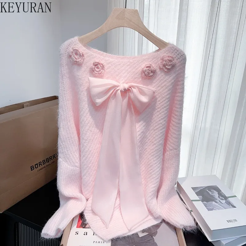Suéteres rosas con mangas de murciélago y flores en 3D para mujer, jerséis elegantes holgados Vintage, Tops de punto, Otoño/Invierno