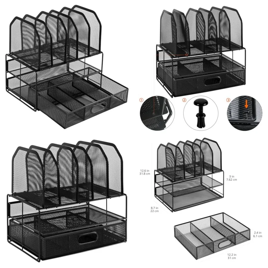 

Настольный органайзер из черной сетки с выдвижным ящиком и двойным подносом и 5 вертикальными секциями для эффективного прокладки кабелей и Docu