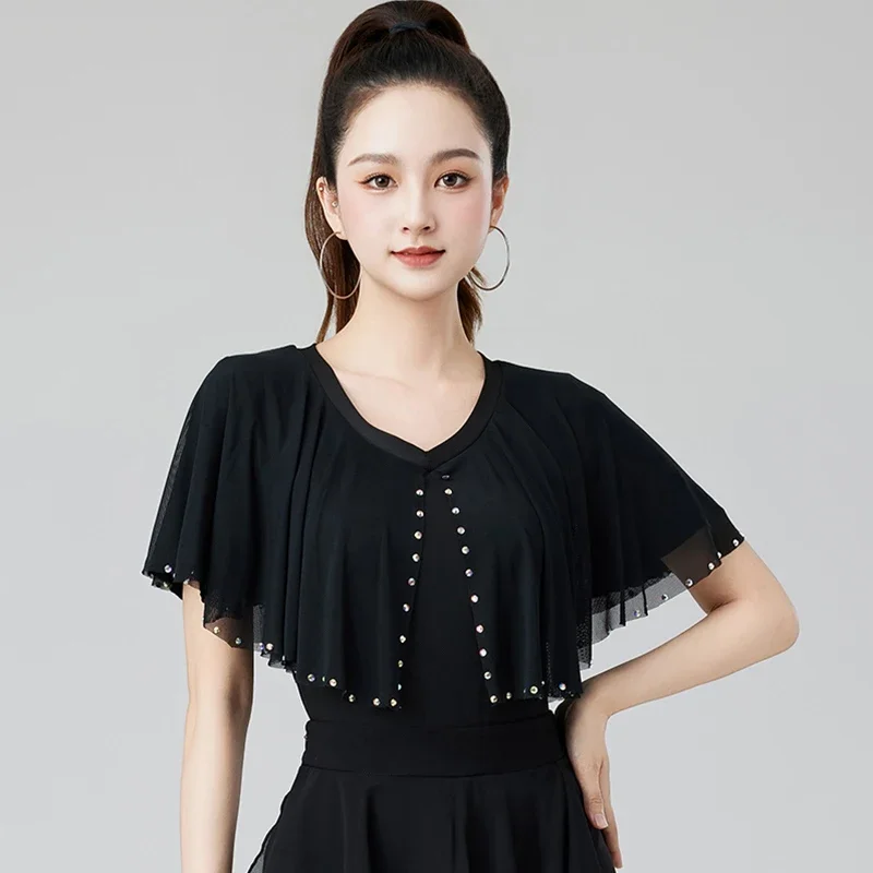 

Black Short Sleeved Ballroom Dance Top Women'S Samba Rumba Latin Dance Tops Adults Salsa Tango Modern Dancing Wear