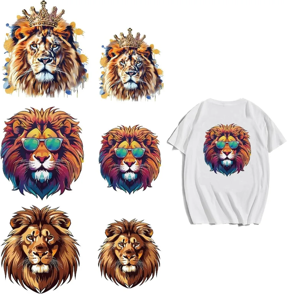 

6 листов головы льва, железные наклейки, нашивки, солнцезащитные очки «Король Лев», корона, железные наклейки, моющиеся наклейки для домашних животных, теплопередающие наклейки