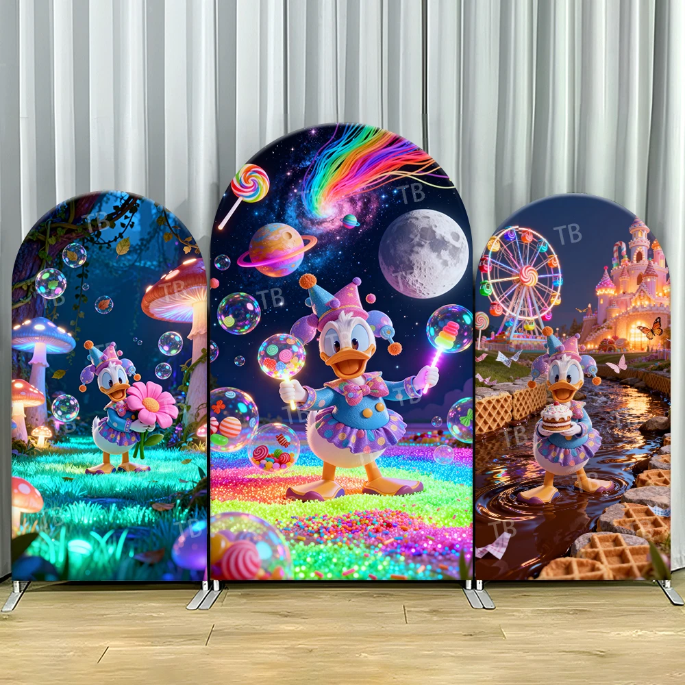 

Donald Duck Clown Sweet Galaxy Arch Backdrop Cover Candy Scene For Kids Birthday Party Magical Cartoon Theme Photo Booth Decor
