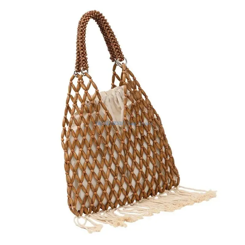 

340D Fashionable Wooden Bead Bag Casual Travel Handbag for Environmentally Shoppers