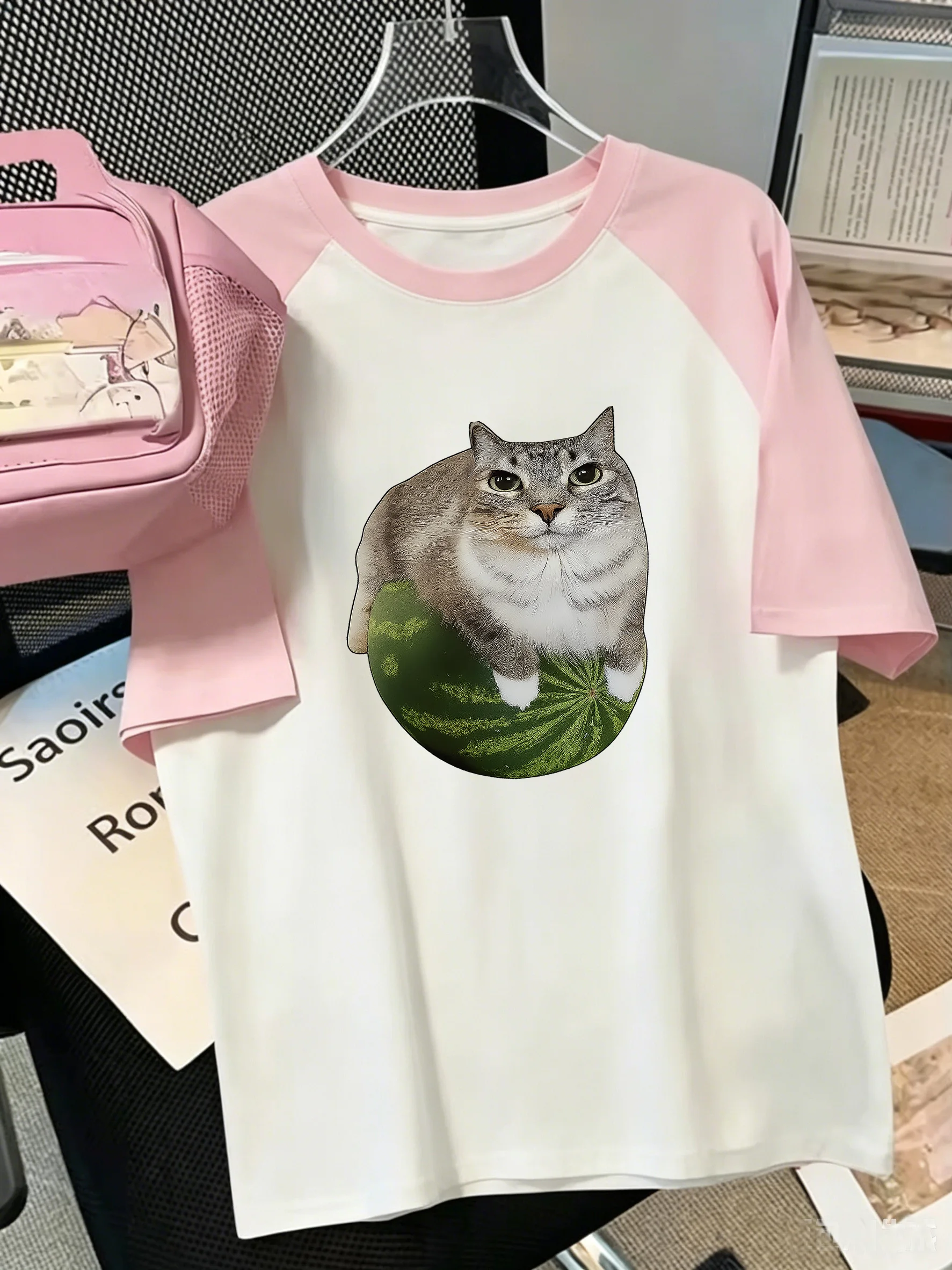 Watermelon Cat T-shirts Women Cute Cat T Shirt Short Sleeve Graphic T Shirts Women's Clothing Top Tee Summer Unisex