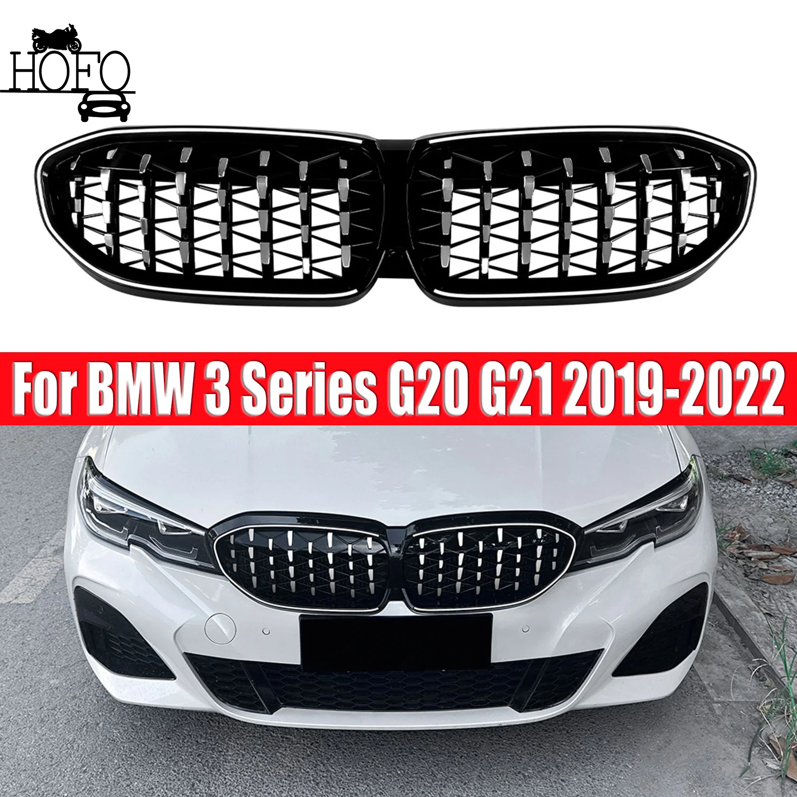

Front Bumper Kidney Grills Glossy Black Diamonds Style Grille For BMW 3 Series G20 G21 2019-2022
