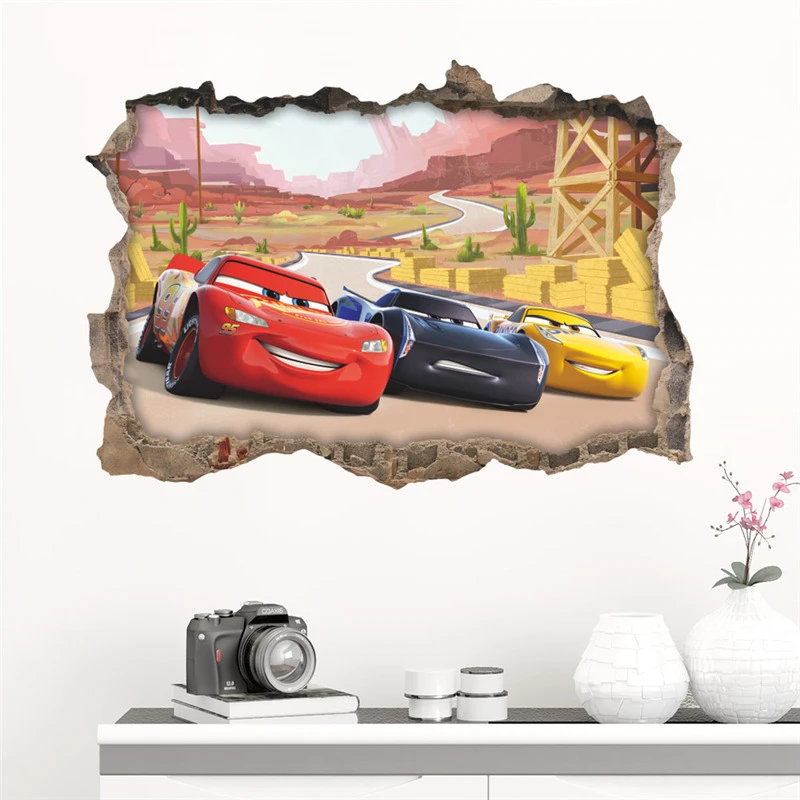 3d Macqueen Cars Broken Hole Wall Sticker For Kids Bedroom Home Decoration Cartoon Anime Mural Art Pvc Movie Poster Boys Decals