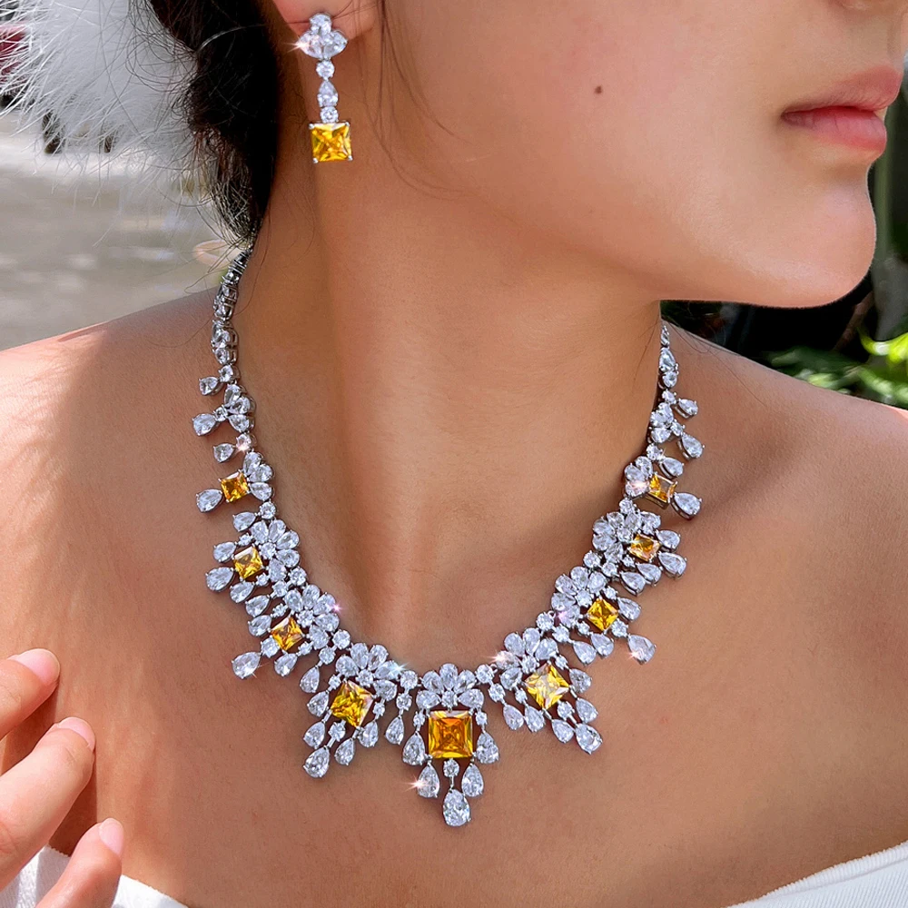 ThreeGraces Gorgeous Shiny Yellow Square Zirconia Luxury Tassel Water Drop CZ Bridal Wedding Party Jewelry Set for Women T1089
