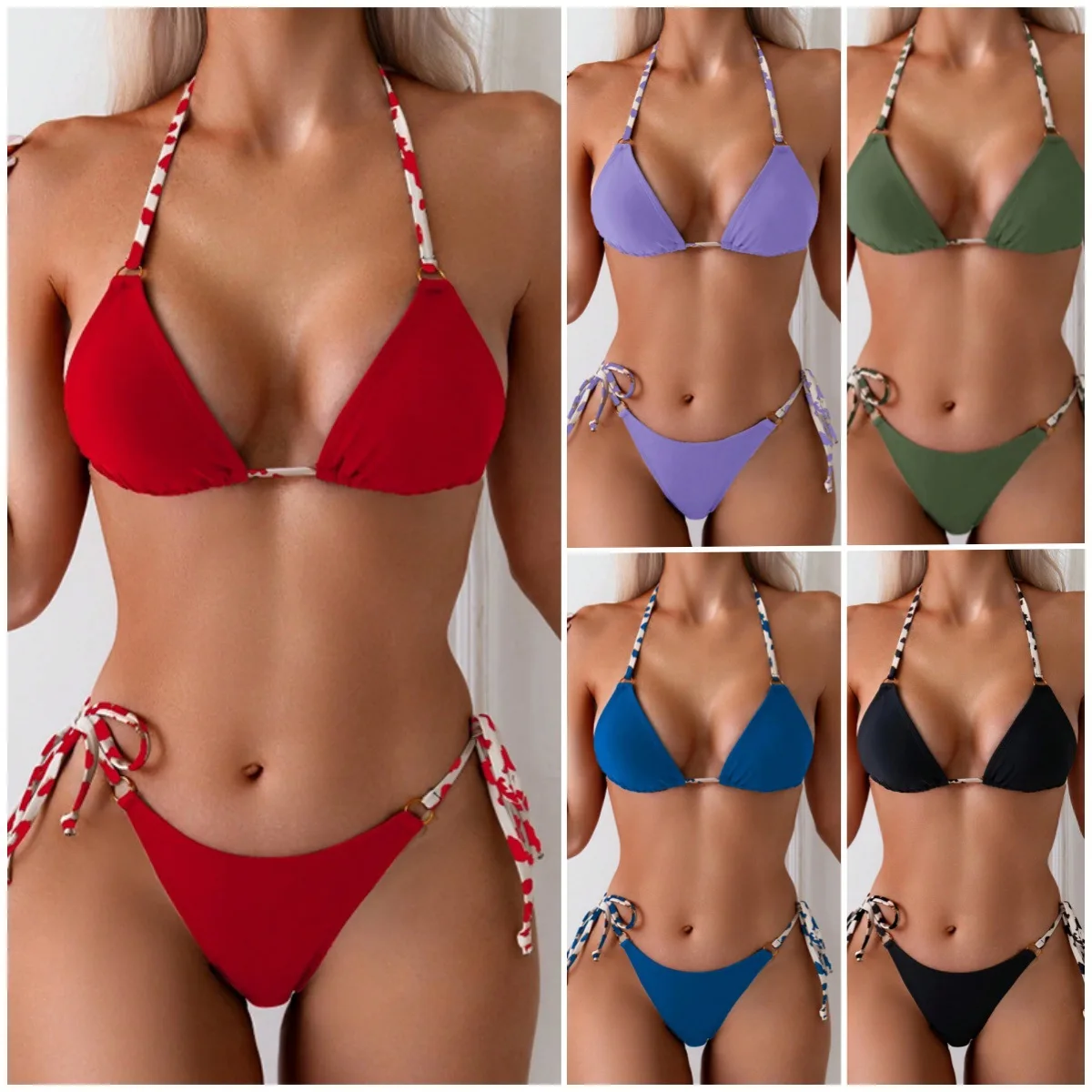Solid Color Bikini Set for Women, Sexy Deep V Push Up Backless Tie String Swimsuit,  New High-End Two Piece Bathing Suit