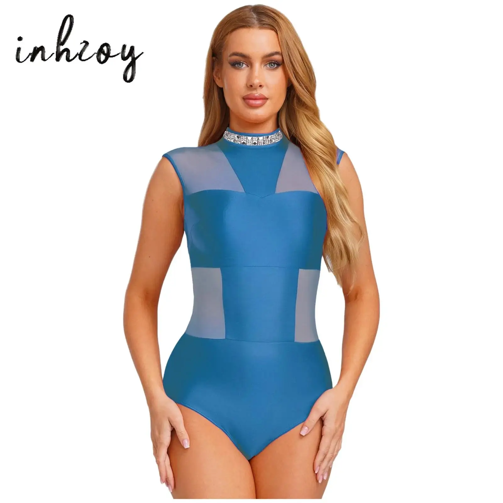 

Womens Mesh Patchwork Ballet Dance Leotard Mock Neck Rhinestone Sleeveless Backless Open Crotch Bodysuit Lyrical Latin Dancwear