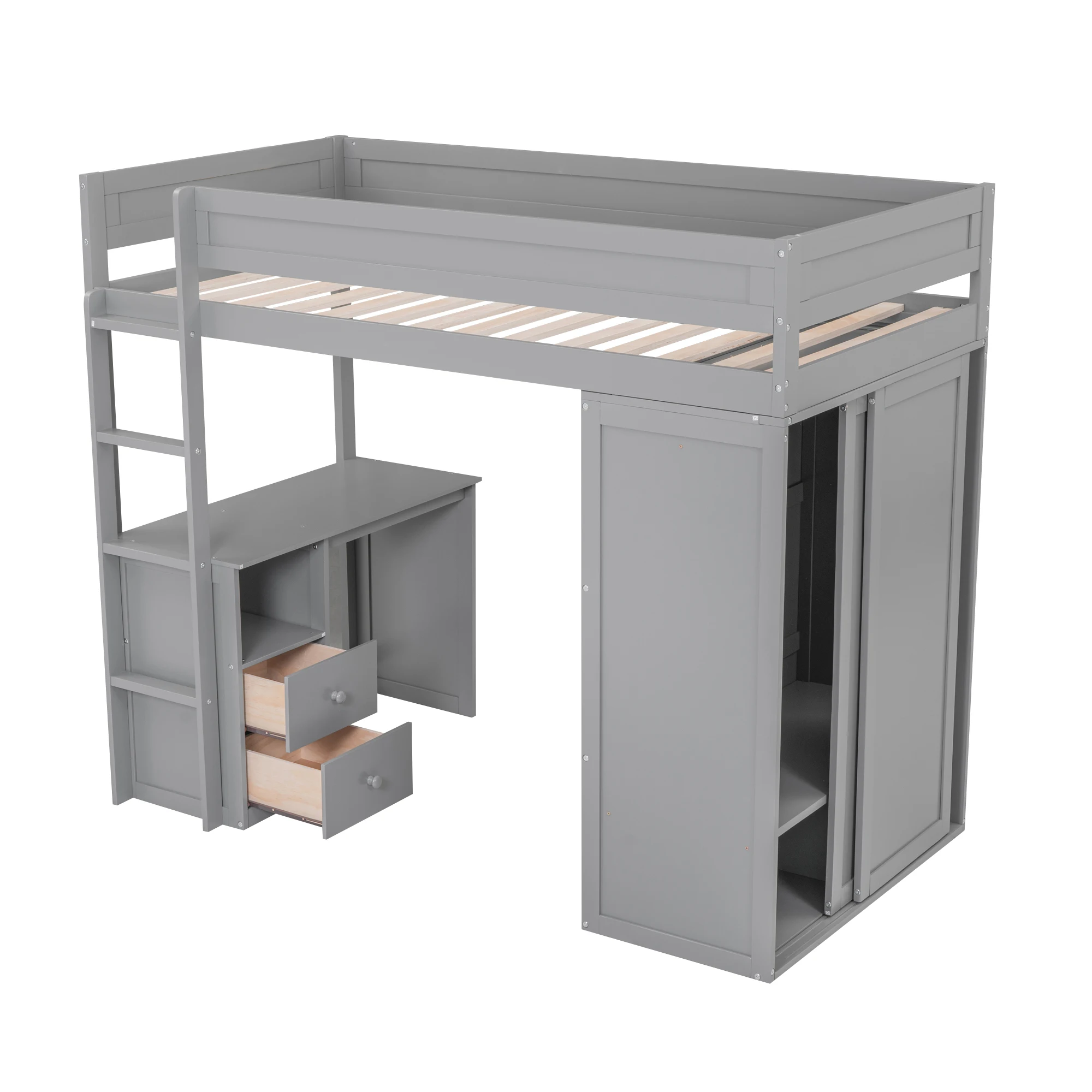 Wood Twin Size Loft Bed With Wardrobes And 2-Drawer Desk With Cabinet In Gray Color