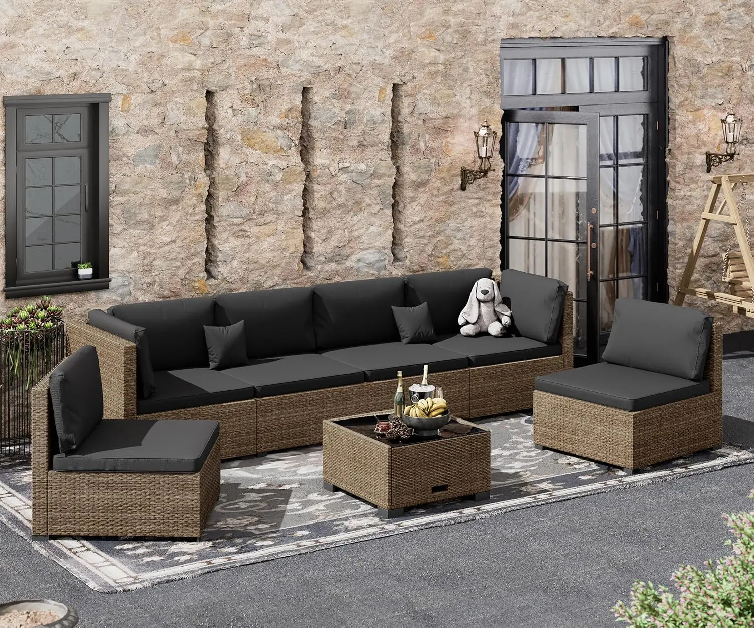 Juego de muebles de Patio para exteriores, conjunto de sofá seccional para Patio, ratán PE para todo tipo de clima, con cojín negro, 7 piezas