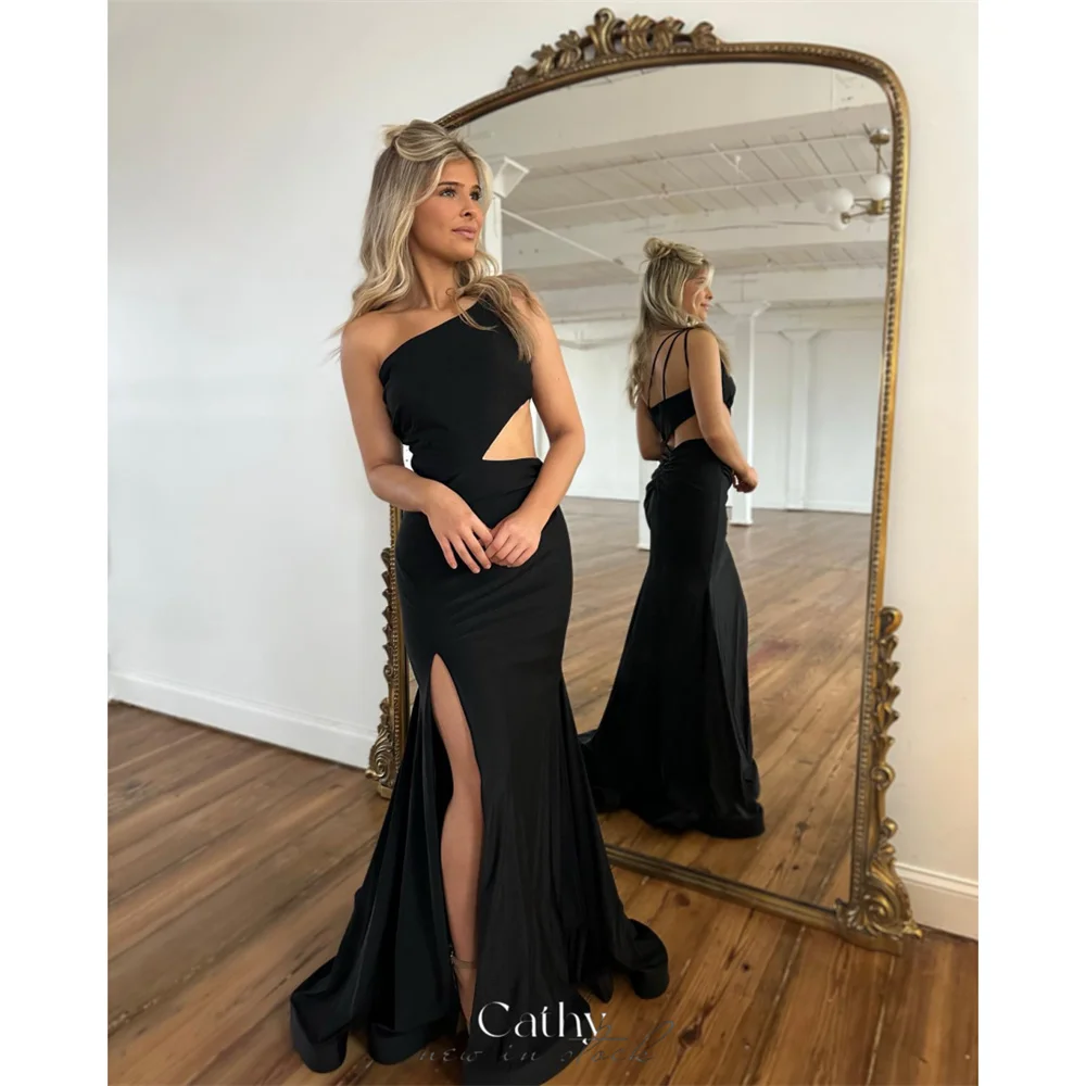 

Cathy Customize Black One Shouler Waist Cut-out Prom Dress Side High Split vestidos de noiva Floor-Length A-line Evening Dresses