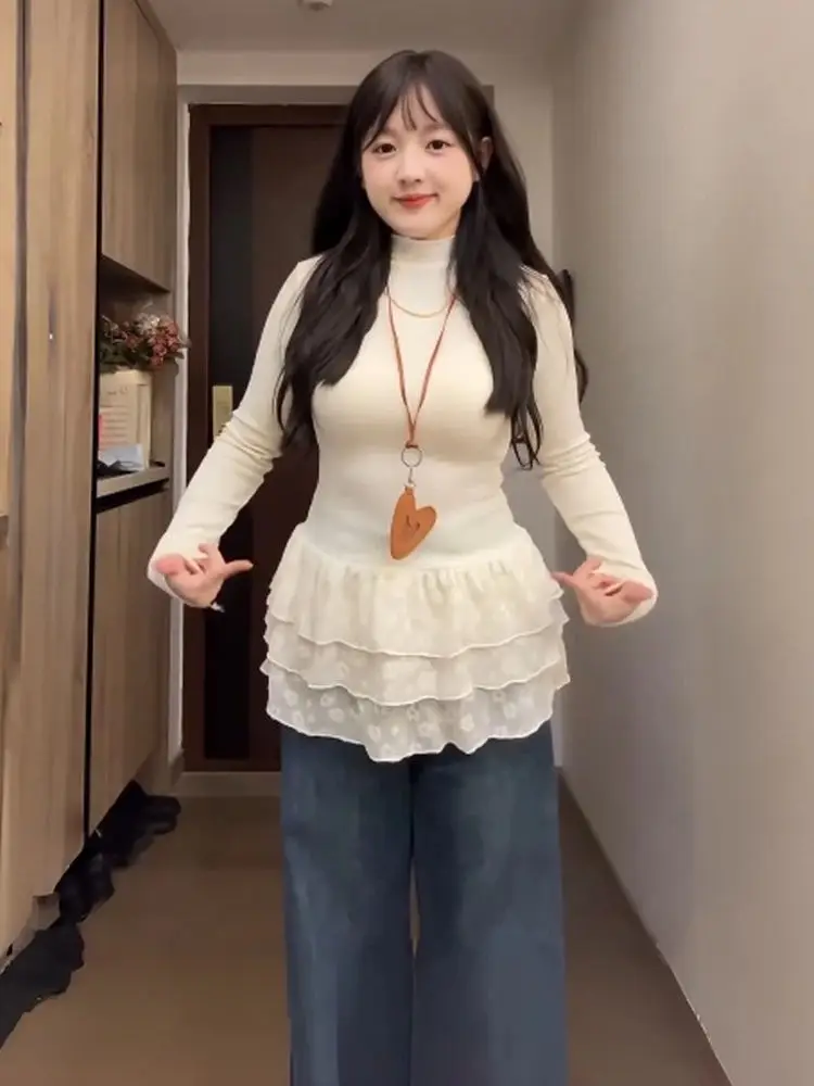 plus Size Women's Fce Lined Slim Fit Long Sve T-irt Lace Splice Waist Cinching Base Layer Top Trendy Autumn Wear