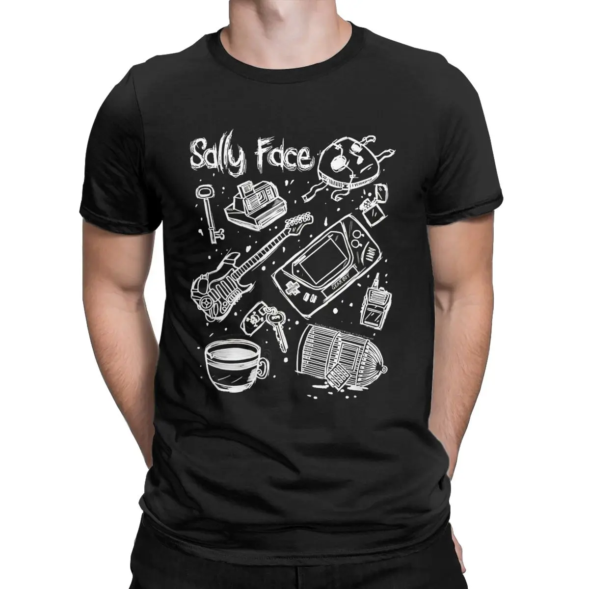 Sally Face Icon Doodle Graphic Sketch T-Shirt Men Anime Gothic Game Vintage Pure Cotton Tee Round Neck Short Sleeve T Shirt