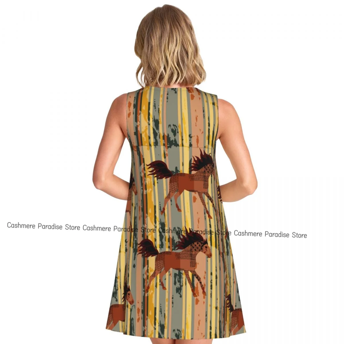 فستان نسائي لخلفية مخططة معقدة، فساتين تي شيرت صيفية غير رسمية لتغطية الشاطئ، فستان بدون أكمام