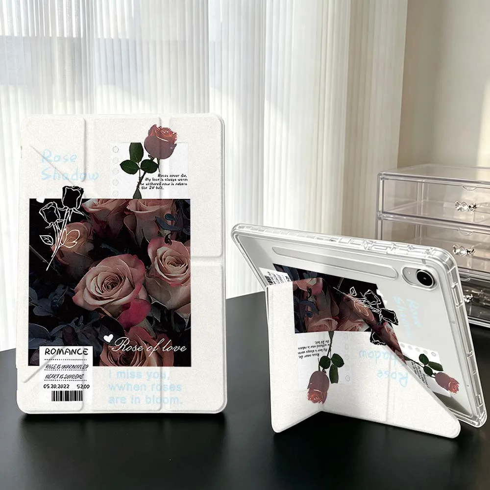 White Roses Bouquet For Samsung Galaxy Tab A9 A8 A11 S6 S7 S8 S9 S10 FE Plus Lite Transparent Y-Shaped Folding Tablet Case
