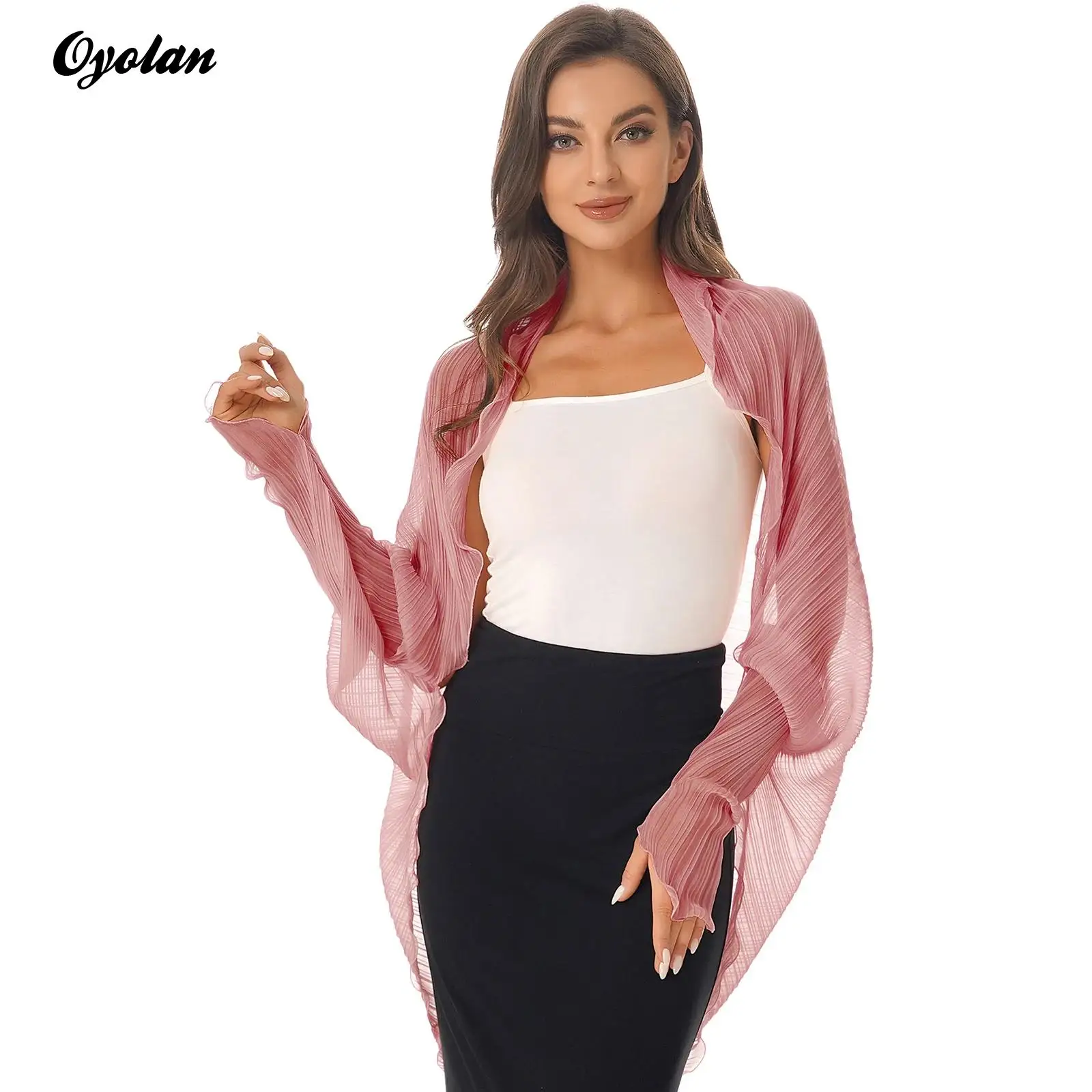 Womens Casual Long Sleeve Sun Protection Jacket Tops Open Front Chiffon Cardigan Sweater Wraps Pleated Shawl Scarf Cover Ups