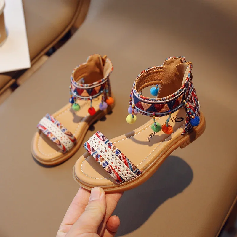 Ethnic Style Simple Children Roman Shoes 2024 New Soft Breatheable Flats Open-toe Kids Shoes Non-slip Girls Sandals Size23-35