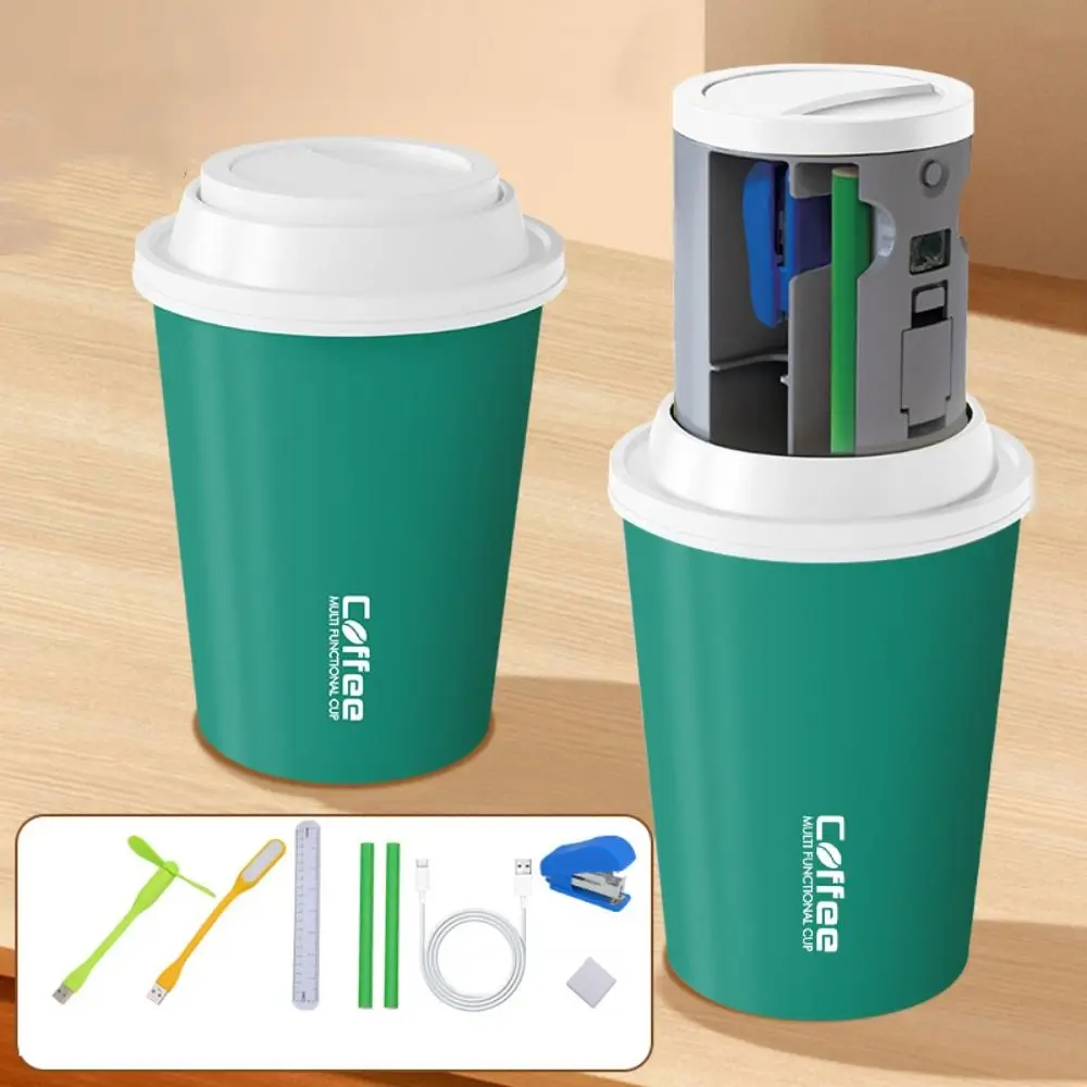 7 in 1 เด็กชุดเครื่องเขียนถ้วยกาแฟแบบพกพาการเรียนรู้ถ้วยพร้อมพัดลมเย็บกระดาษโรงเรียนเขียนอุปกรณ์