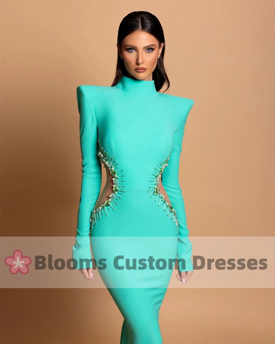 Customized Green Crepe Gorgeous Evening Dresses Beaded Cut-out Full Sleeve Formal Occasion High Neck Mermaid Wedding Guest Gown