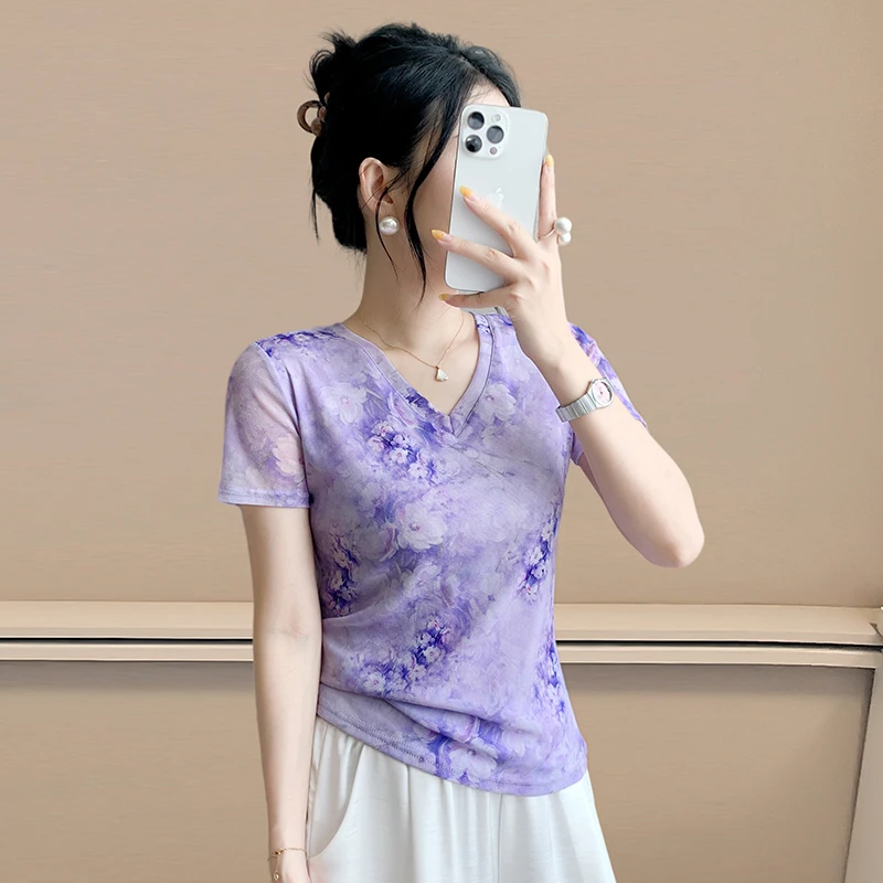 Summer Faion Floral Print Me ort Sve T-irt Women Slim Fit V-Ne f Sve Top Trendy Street Sle Moisture ng