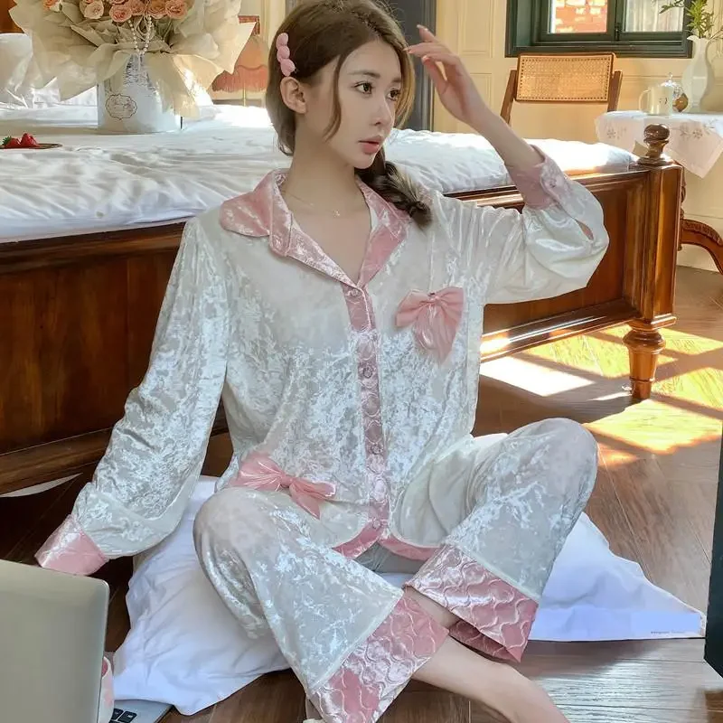 

Velour 2PCS Pajamas Set Women Lapel Long Sleeve Pijamas Suit Spring Autumn Velvet Sleepwear Casual Nightsuits Home Clothes