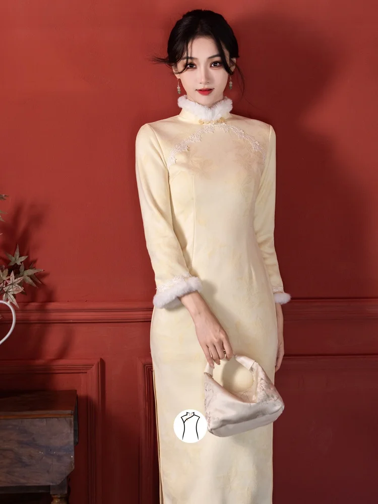 

Желтое длинное пальто-ципао для девочек, утепленное, из флиса, для осени и зимы, премиум-класса