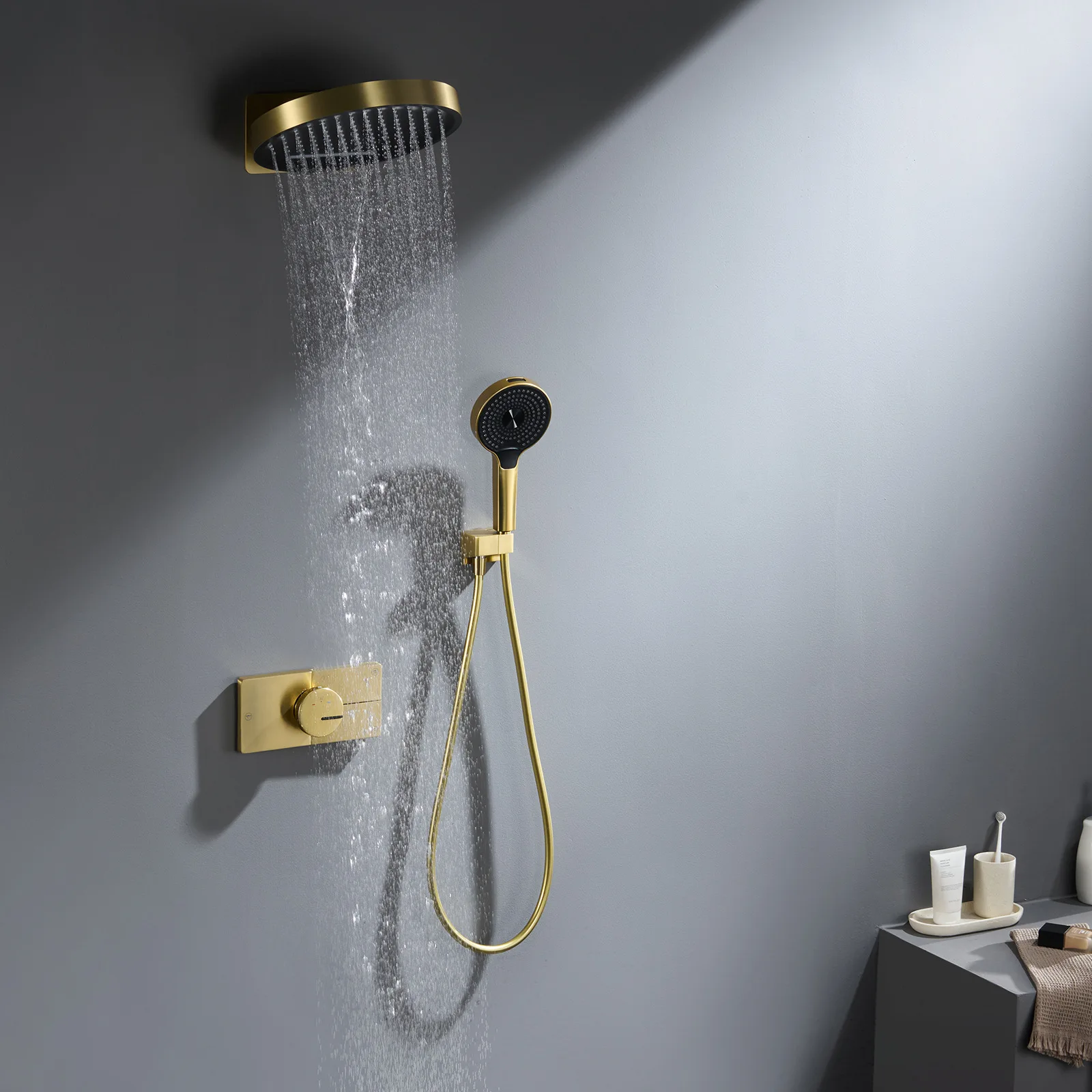 Brushed Gold Concealed Shower Kit, Round Rainair Waterfall Overhead Sprayer, In-wall Bathroom Shower Set
