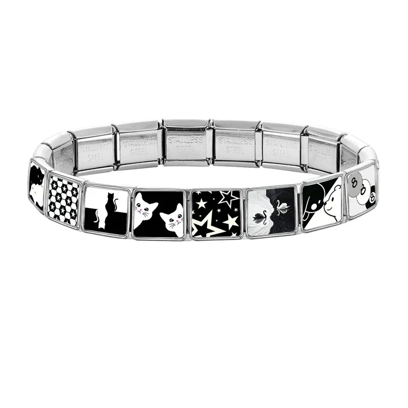 WG 1pc Italian Modular Bracelet Creative Black White Cat Star Number 8 Ball Charms Personalized DIY Modular Bracelet Jewelry