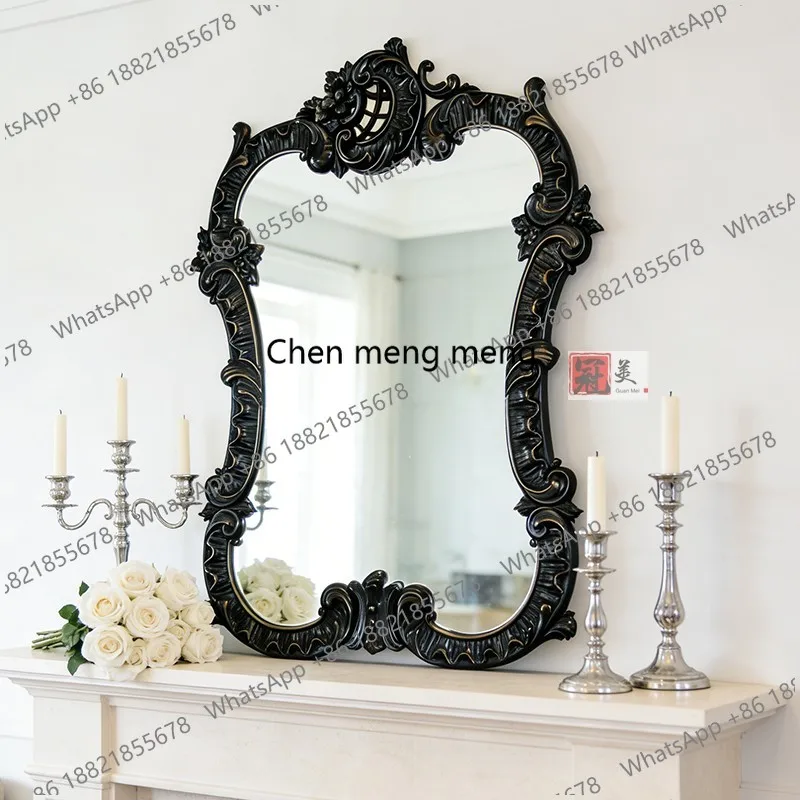 French Retro Black American Style Makeup Mirror Hanging European Style Fireplace Entrance Carved Decorative Mirror