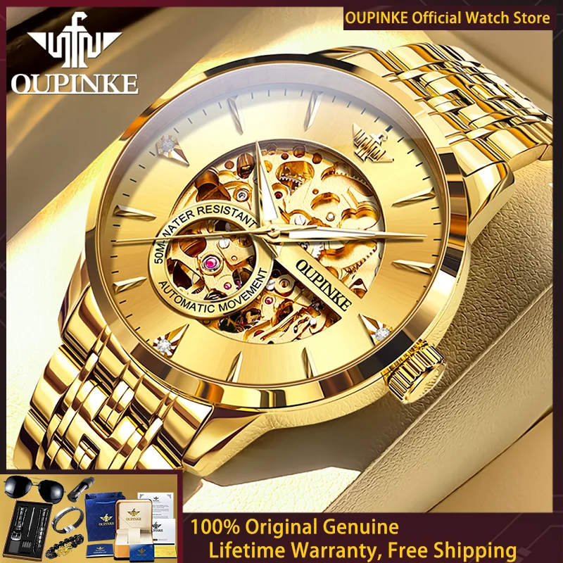 OUPINKE Gold All Hollow Men Watch Imported Japanese Movement Men Automatic Watch Top Luxury Waterproof Men Mechanical Watch 3308