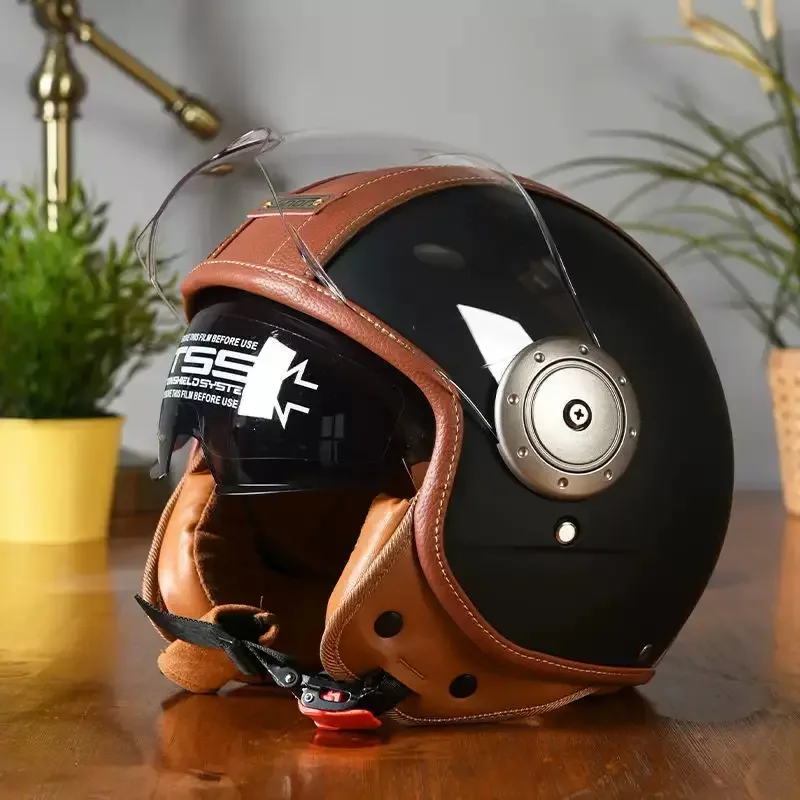 Capacete Aberto de Couro com Lente Dupla para Motocicleta, Viseira Dupla, Aprovado DOT ECE, Estilo Retrô Vintage 3/4 Jet com Forro Interno
