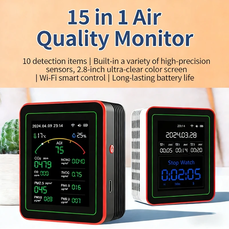 

Детектор качества воздуха WIFI 15 в 1 с управлением через приложение: CO/CO2/HCHO/TVOC/AQI/PM0.3/PM10, мониторинг температуры и влажности