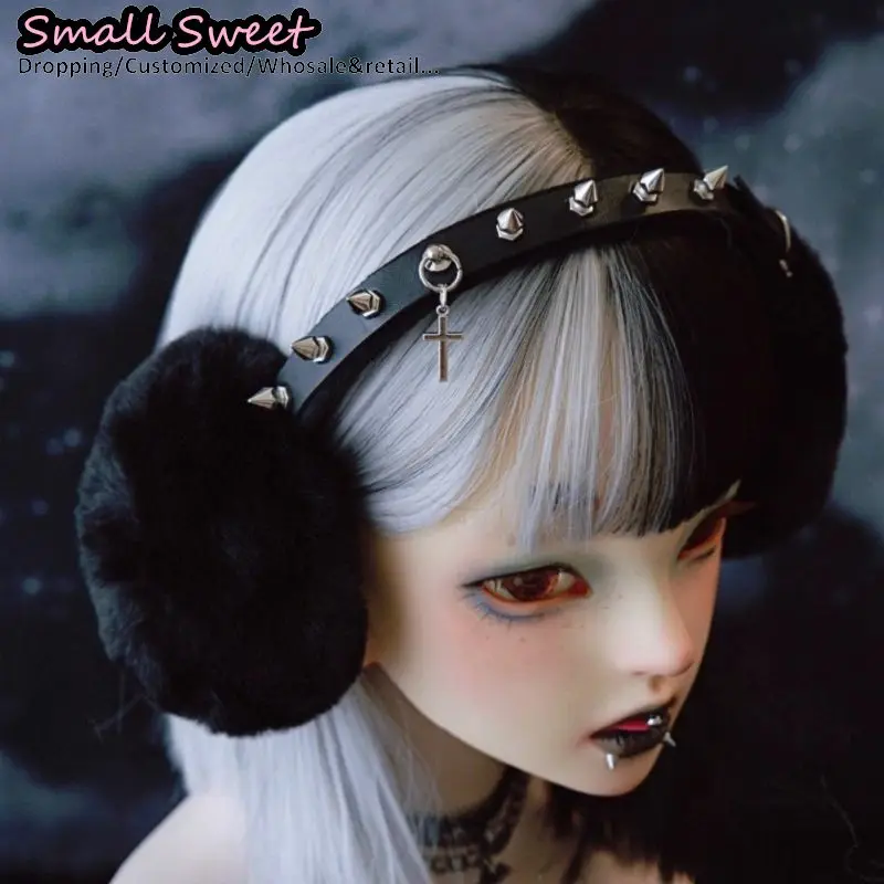 Punk Gothic Rivet Leather Cross Earmuff Dark Warm Ear Black Plush Subcultural Y2K Girl Protection Winter Earmuffs Accessories