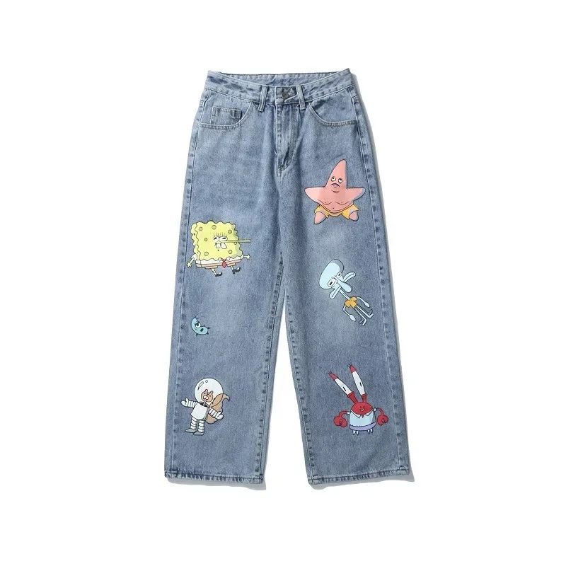 Pantalones vaqueros con estampado de dibujos animados para hombres y mujeres, Pantalones rectos sueltos, estilo coreano, Hip-hop callejero, pantalones guapos de nueve puntos, moda de otoño