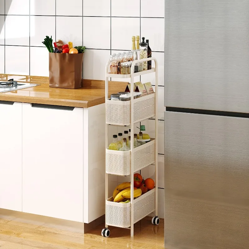 Kitchen Storage Rack Freestanding Multi Tier Slim Fridge Side Gap Pullout Drawer Kitchen Furniture Utility Cart Kitchen Trolley