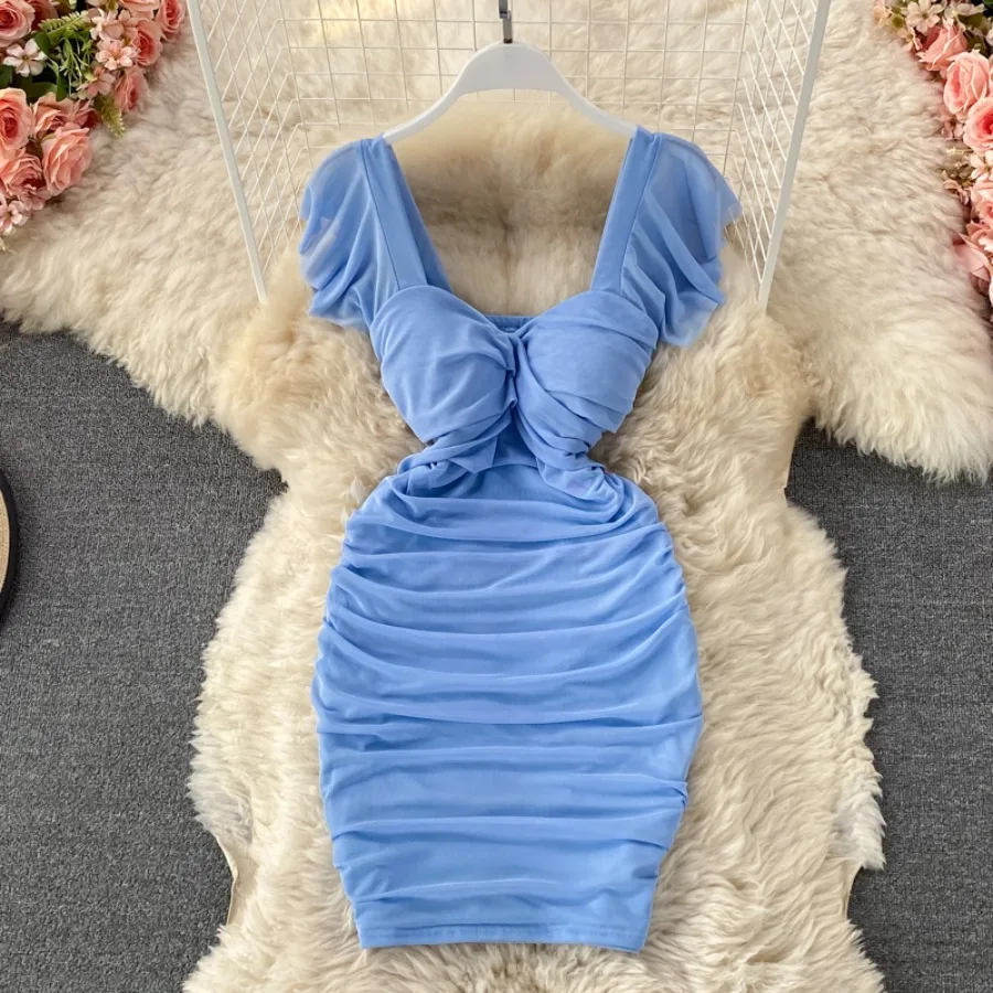 

【New style】Summer new style French sexy high waist slimming pleated square collar hip dress short-sleeved party dress
