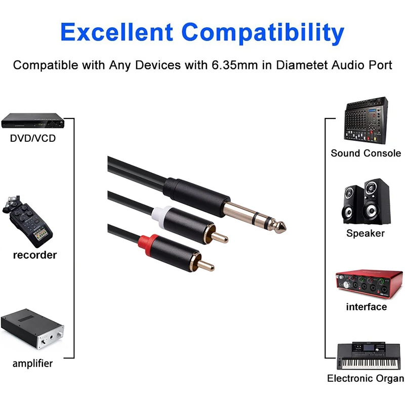 Cable Jack macho a macho de 6,35mm a 2 RCA, Cable estéreo AUX, Cable de Audio para línea de amplificador de música