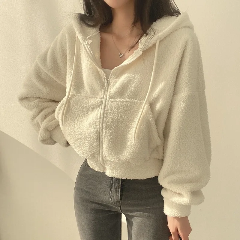 

Women's Thickened Warm Fleece Hoodie Zipper Drawstring Short Coat Lamb Velvet Jacket Autumn Winter Korean Style Solid Streetwea