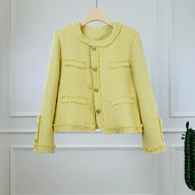 

Women Autumn Winter Tassel Long-sleeved Yellow Small Fragrant Jacket Fashion Loose Casual BasicFrench Chic Lady Tweed Jacket