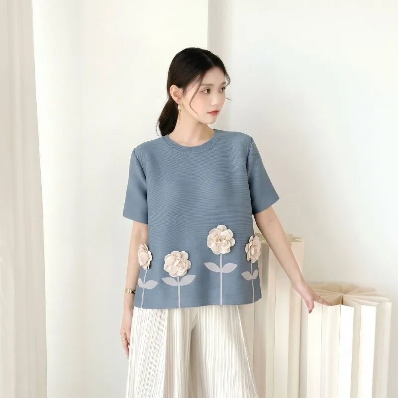 Miyake Pleated 2026 Summer New Original Fashion Sweet Three-dimensional Flower Short Sleeve Elegant Round Neck T-Shirt Top Pleat