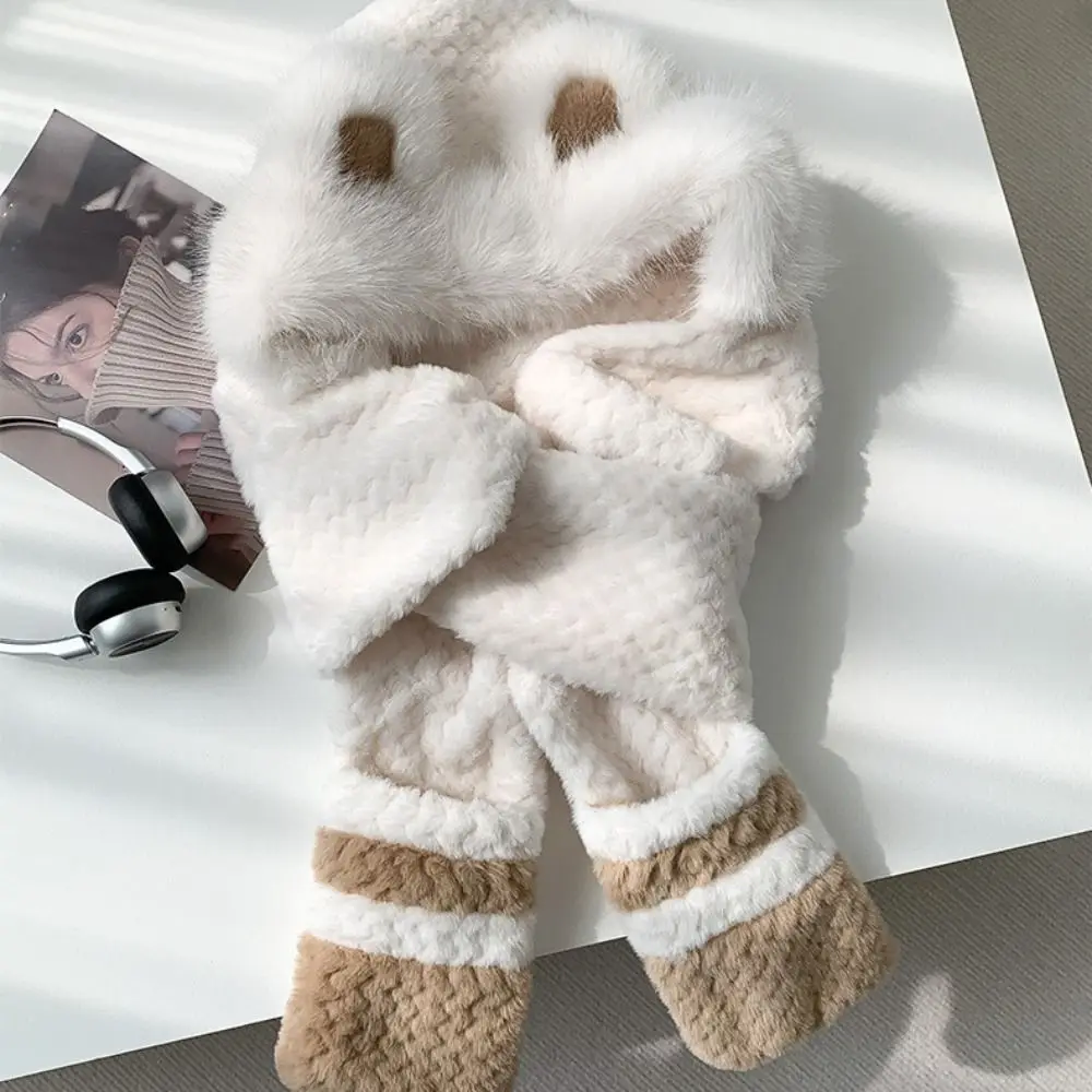 High-Value Bear Protection Hat Soft Plush Pullover Integrated Cap Gloves Scarf Thickened Design Windproof Ear Protection Hat