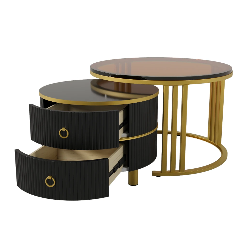 2-in-1 ronde in elkaar te schuiven salontafelset MDF met gehard glas 2 opberglades salontafelcombinatie 70*70*45+50*50*40cm