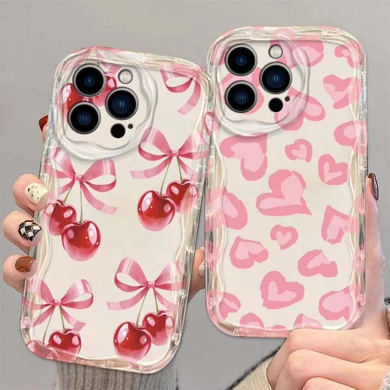 

Cartoon Bow Cherry Love For Apple iPhone 16 16E 15 14 13 12 11 XR XS X Pro Max Plus Wave Oil Cover Soft Funda Phone Case