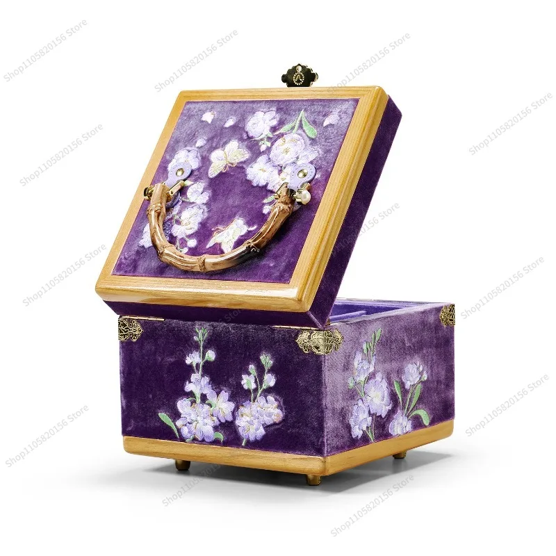 Silk solid wood embroidery violet jewelry box high-end gold necklace ring storage wedding birthday gift