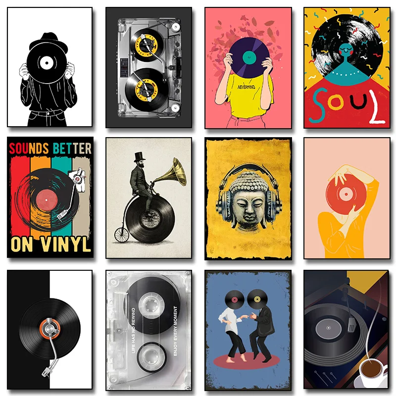 Vintage Music Vinyl Record Poster Wall Art Black and White DJ Turntable Photo Canvas Painting Prints Music Studio Home Decor